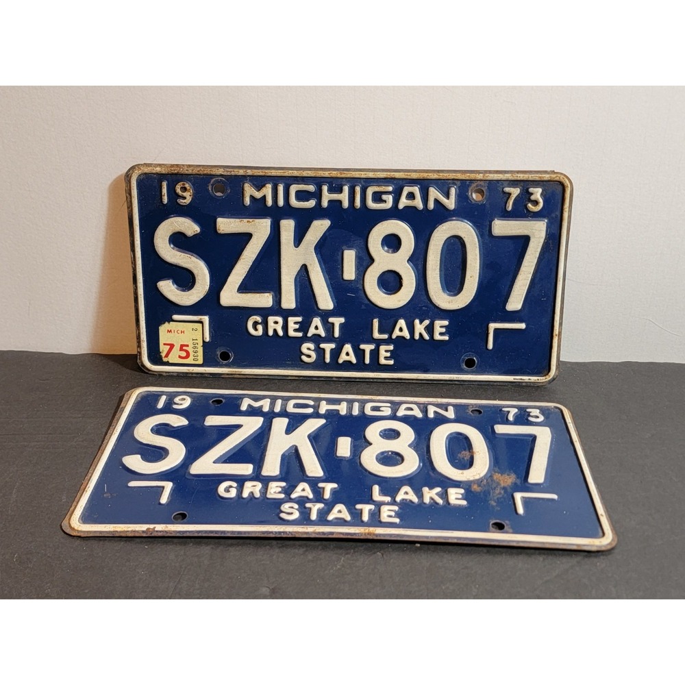 Vintage Michigan 1973 1975 License Plates Pair SZK-807 Great Lake State Art